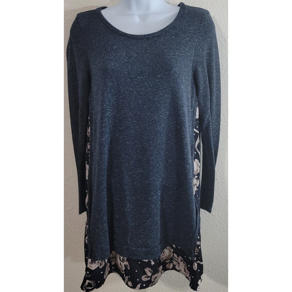 Mon Ami Blue Marled Floral Faux Layered Women's Top Small Long Sleeve Round Neck